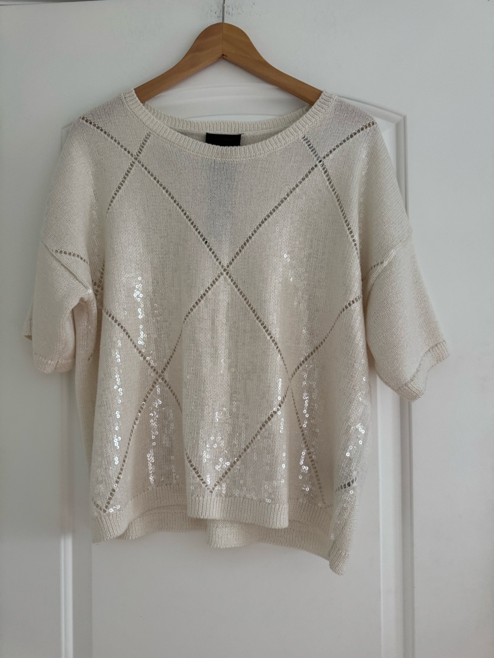 Cream Sequin Knit Short Sleeve Sweater